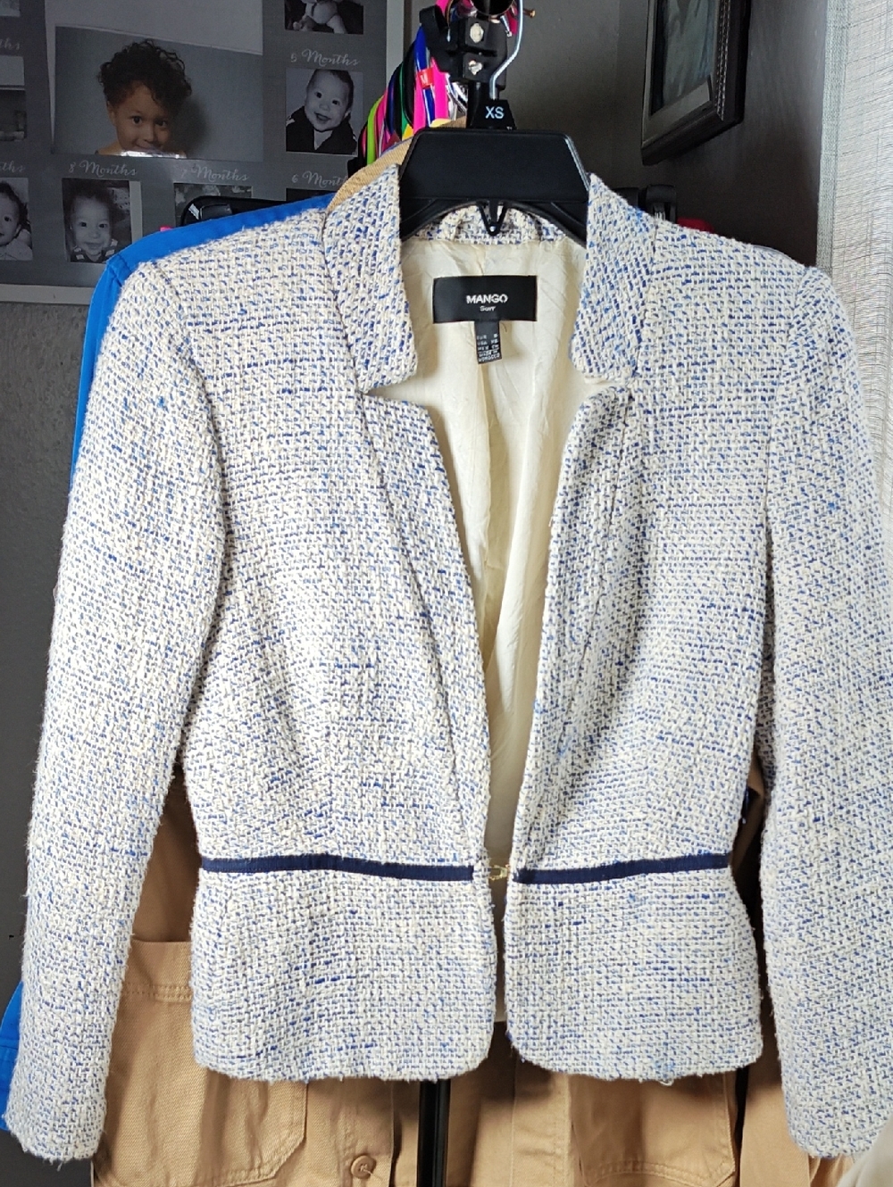 MANGO Cream and Blue Tweed Open Blazer